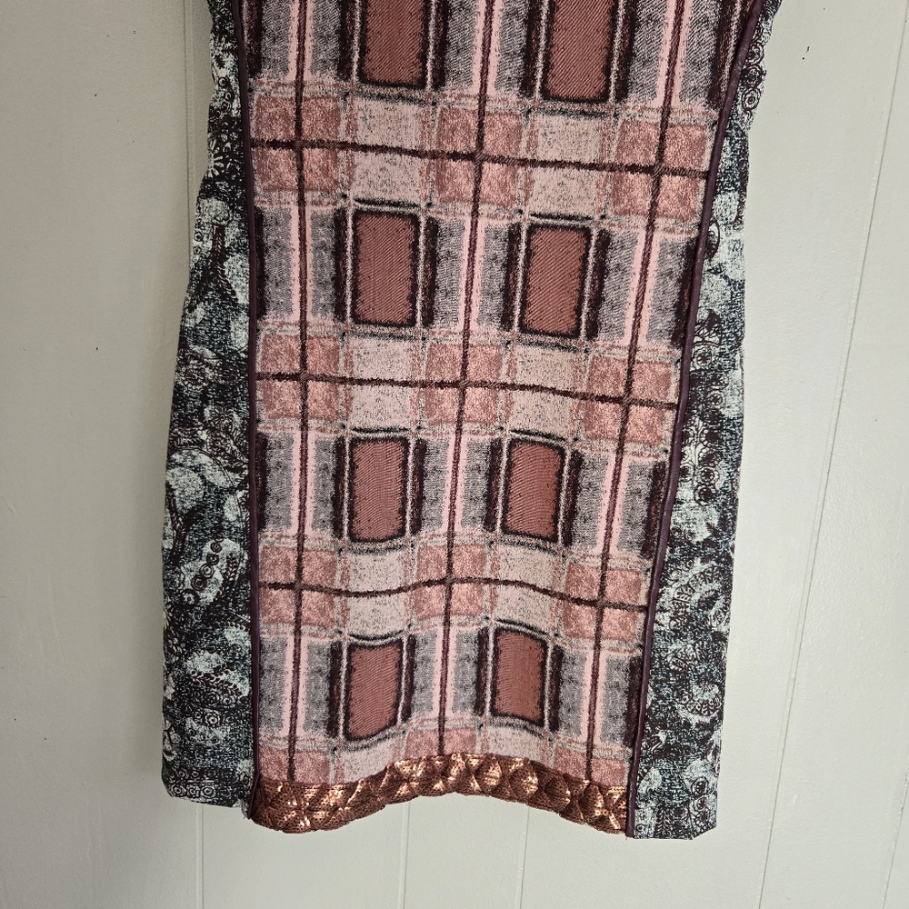 Save The Queen Sheath Dress Leather Inserts Rose Gold Sequins Geometric Maroon M - Picture 3 of 14